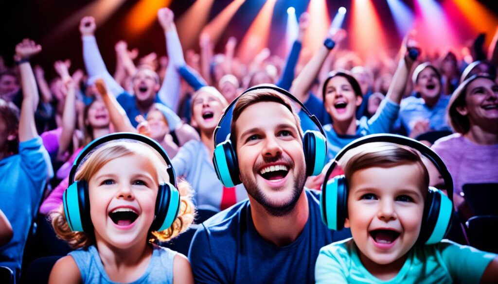 Ouders met kinderen die Luvion gehoorbeschermers dragen op een concert